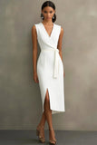 Vestido formal blanco de satén con cuello en V y cinturón