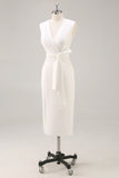 Vestido formal blanco de satén con cuello en V y cinturón