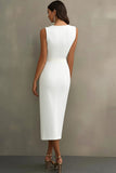 Vestido formal blanco de satén con cuello en V y cinturón