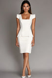 Vestido formal blanco con cuello cuadrado hasta la rodilla