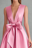 Vestido formal midi de satén rosa con escote en V y lazo