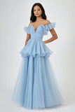 Azul cielo con hombros fruncidos una línea Vestido formal escalonado