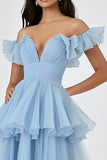 Azul cielo con hombros fruncidos una línea Vestido formal escalonado