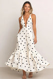 Vestido formal de satén blanco con escote en V y puntos negros