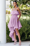 Vestido formal midi de gasa sin tirantes lila con volantes