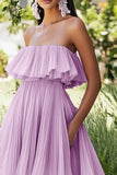Vestido formal midi de gasa sin tirantes lila con volantes