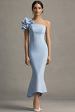 Vestido formal sirena azul cielo con volantes de un hombro