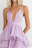 Tirantes de espagueti lila Vestido formal escalonado de gasa A Line