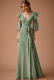 Vestido formal de gasa con volantes con cuello en V de salvia empolvada