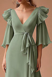 Vestido formal de gasa con volantes con cuello en V de salvia empolvada