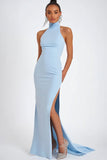 Vestido formal de sirena de satén halter azul cielo con abertura