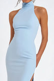 Vestido formal de sirena de satén halter azul cielo con abertura