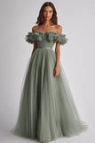 Dusty Sage Off The Shoulder Ruffled A Line Vestido Formal
