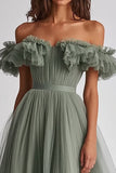 Dusty Sage Off The Shoulder Ruffled A Line Vestido Formal