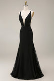 Vestido formal largo de satén sirena negra con encaje