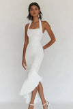 Vestido de fiesta plisado sirena halter blanco