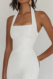 Vestido de fiesta plisado sirena halter blanco