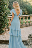 Vestido de dama de honor con volantes de gasa con cuello en V azul cielo