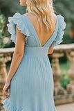 Vestido de dama de honor con volantes de gasa con cuello en V azul cielo