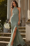 Halter Dusty Sage Mermaid Vestido de dama de honor de gasa de encaje