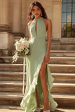 Vestido de dama de honor con volantes de gasa con volantes de salvia con corte halter