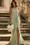 Halter Dusty Sage Mermaid Vestido de dama de honor de gasa con cinturón