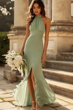 Halter Dusty Sage Mermaid Ruffles Vestido de Dama de Honor de Gasa