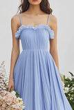 Tirantes de espagueti azul claro A Line Ruffles Vestido de dama de honor de gasa