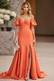 Vestido de fiesta con volantes de sirena naranja con hombros descubiertos