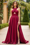 Vestido de fiesta de satén burdeos halter cut out a line
