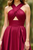 Vestido de fiesta de satén burdeos halter cut out a line
