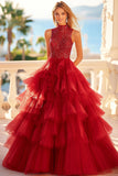 Vestido de fiesta escalonado de lentejuelas de tul rojo de una línea