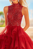 Vestido de fiesta escalonado de lentejuelas de tul rojo de una línea