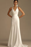 Vestido de novia sirena de satén fruncido halter blanco