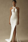 Vestido de novia de satén de satén blanco sirena con abertura