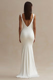 Vestido de novia sirena con cuello en V de satén blanco simple con abertura