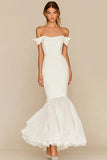 Vestido de novia de gasa de satén sirena con hombros descubiertos blancos
