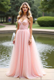 Vestido de fiesta largo de tirantes finos de línea A rosa con encaje