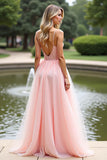 Vestido de fiesta largo de tirantes finos de línea A rosa con encaje