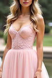 Vestido de fiesta largo de tirantes finos de línea A rosa con encaje