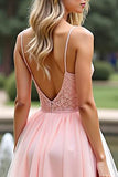 Vestido de fiesta largo de tirantes finos de línea A rosa con encaje