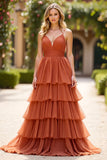 Vestido de fiesta largo con volantes y escote en V de terracota