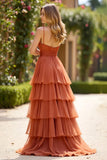 Vestido de fiesta largo con volantes y escote en V de terracota