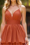 Vestido de fiesta largo con volantes y escote en V de terracota