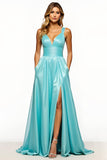 Vestido de fiesta largo con escote en V y azul pizarra con bolsillos