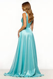 Vestido de fiesta largo con escote en V y azul pizarra con bolsillos