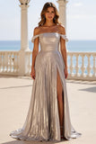 Sliver Metallic Un vestido de fiesta largo plisado con abertura y hombros descubiertos