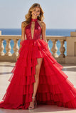 Vestido de fiesta largo de tul con volantes y cuello alto de una línea A Sparkly con ojo de cerradura