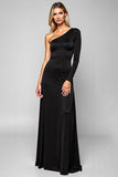 Vestido de fiesta largo de satén de un hombro negro con mangas