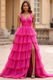 Vestido de fiesta largo de tul con escote en V y volantes fucsia A Line